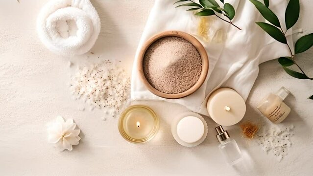 treatment composition such as Towels, candles, essential oils, Massage Stones on light wooden background. blur living room, natural creams and moisturizing Healthy lifestyle, body care