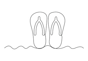 Continuous single line drawing of slippers for beach summer party. Vector illustration 