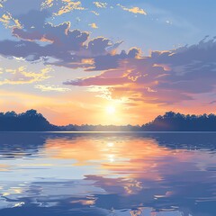 Sunset over a calm lake, serene summer, vector graphic, low angle view