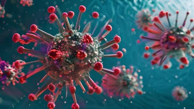 bunch of viruses are floating in the air. The viruses are brown and have a fuzzy appearance, Group of virus cells. 3D illustration, Coronavirus cells