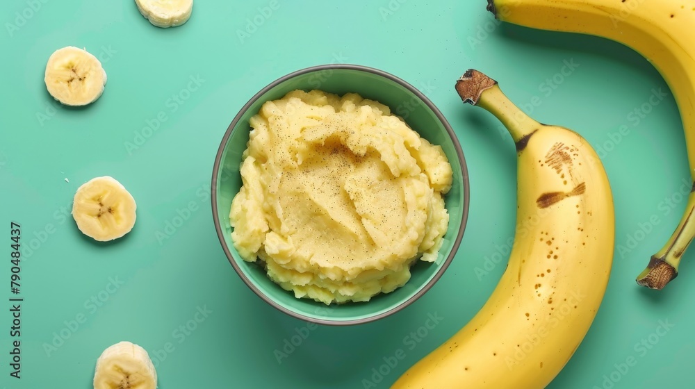 Poster bowl of mashed bananas and a banana peel