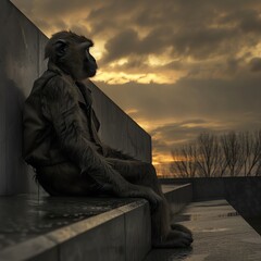 Fallen monkey hero in a war memorial, somber mood, twilight, low angle
