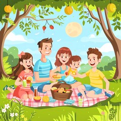 Obraz na płótnie Canvas Family picnic in a sunny park, summer, cheerful vector scene, frontal view
