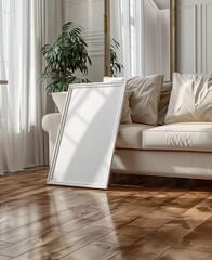 Mockup frame close-up in simple interior background. Presented in 3D render. Made with generative AI technology