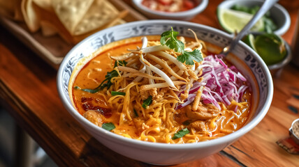 Bowl of spicy Thai noodle soup with chicken, bean sprouts, and herbs. Thai cuisine and culinary delights concept. Design for restaurant menu, food blog, culinary travel article.