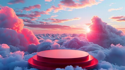 3d render red podium, sky background, valentine day stock photo 8k realistic cinema 4d render