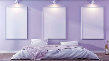 Against the backdrop of light purple walls, three empty wall mockups with bold borders stand out under spotlights