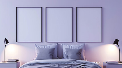 Three blank wall mockups with bold borders adorn a serene bedroom, each under its spotlight, against a backdrop of light purple walls, creating a tranquil ambiance