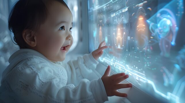 Children with advanced future high technology. Adorable asian baby looking at 3d holographic display glowing interface projection, cute infant experience virtual augmented reality digital cyber world.