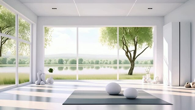 Clean and calm yoga studio with beautiful nature view. Interior design