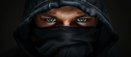 A close up of an individual donning a black hood and a black scarf, concealing most of their face in a mysterious manner