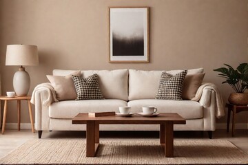 Warm minimalist living room interior with a comfortable sofa, brown wall, coffee table, and minimal decorative frames in a perfect composition.