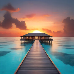 Wooden pier leading to tropical island at sunset. 3D rendering