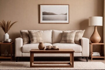 Warm minimalist living room interior with a comfortable sofa, brown wall, coffee table, and minimal decorative frames in a perfect composition.