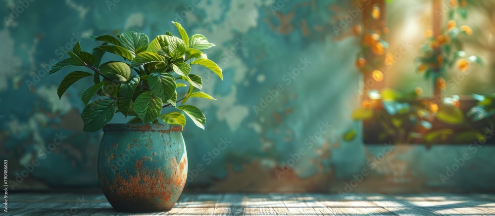 Poster a lush plant sits in a small potted container placed on a wooden table in front of a large window