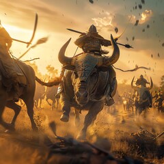 Armored bull leading cavalry charge, epic battle scene, dynamic camera, dusk light - obrazy, fototapety, plakaty