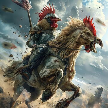 Armored chicken atop warhorse leading charge, dynamic battle, wide angle