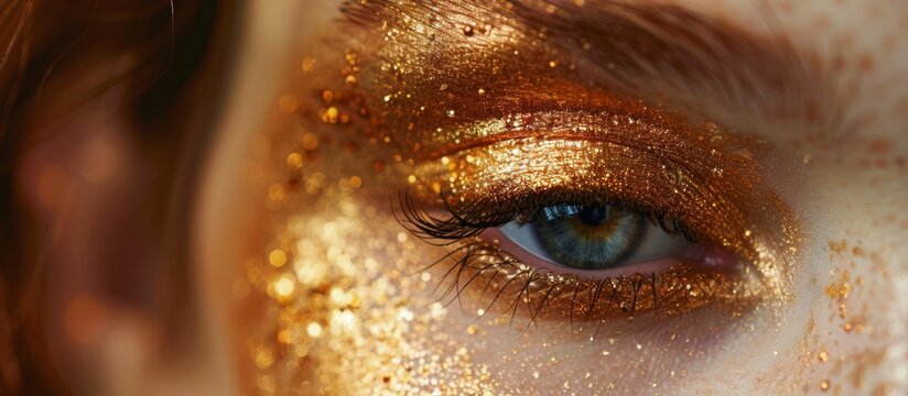 A detailed view of a woman's eye enhanced with shimmering gold glitter makeup, highlighting the intricate beauty