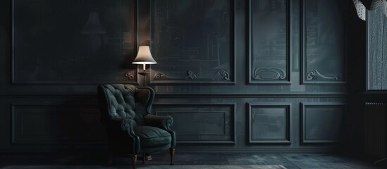 A solitary chair and a lamp are placed in a dimly illuminated room, creating a moody atmosphere