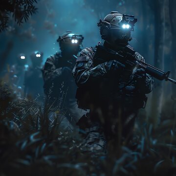 Bull commandos on stealth mission, night operation, low-light, close angle