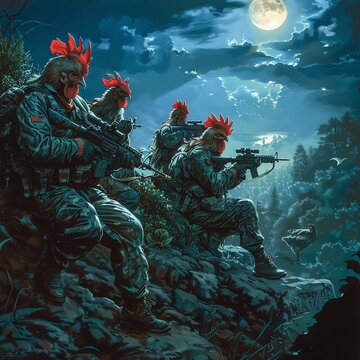Chicken commandos on night raid, stealth action, moonlit, low angle