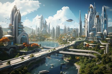 Capture the high-angle view of a futuristic Utopian cityscape with sleek skyscrapers and advanced technologies illustrating dreams turned reality, Focus on the intricate details of the citys architect