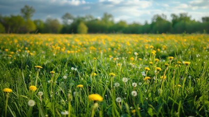Describe the sensory experience of walking through a beautiful meadow field with fresh grass and yellow dandelion flowers​