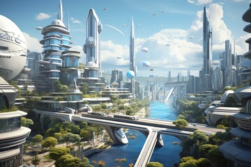 Capture the high-angle view of a futuristic Utopian cityscape with sleek skyscrapers and advanced technologies illustrating dreams turned reality, Focus on the intricate details of the citys architect - obrazy, fototapety, plakaty