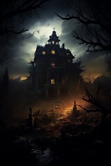 Craft a gripping scene of a decadent mansion seen from a drones side view, blending horror elements like ghostly figures Use photorealistic digital rendering to convey a spine-chilling social commenta