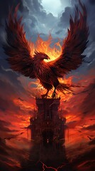 Craft a pixel art depiction of a mythical phoenix perched atop a crumbling castle tower against a dramatic stormy sky, using innovative lighting techniques to enhance the contrast between the fiery fe - obrazy, fototapety, plakaty