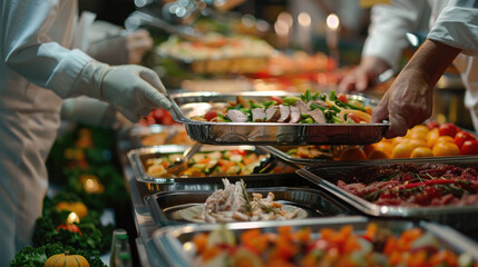 Indoor Catering Buffet, Colorful Spread of Meat, Fruits, and Vegetables