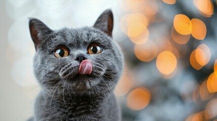 A cat sticks out tongue with Christmas tree backdrop