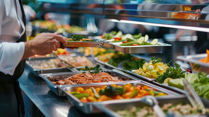 Obraz premium Indoor Catering Buffet, Colorful Spread of Meat, Fruits, and Vegetables