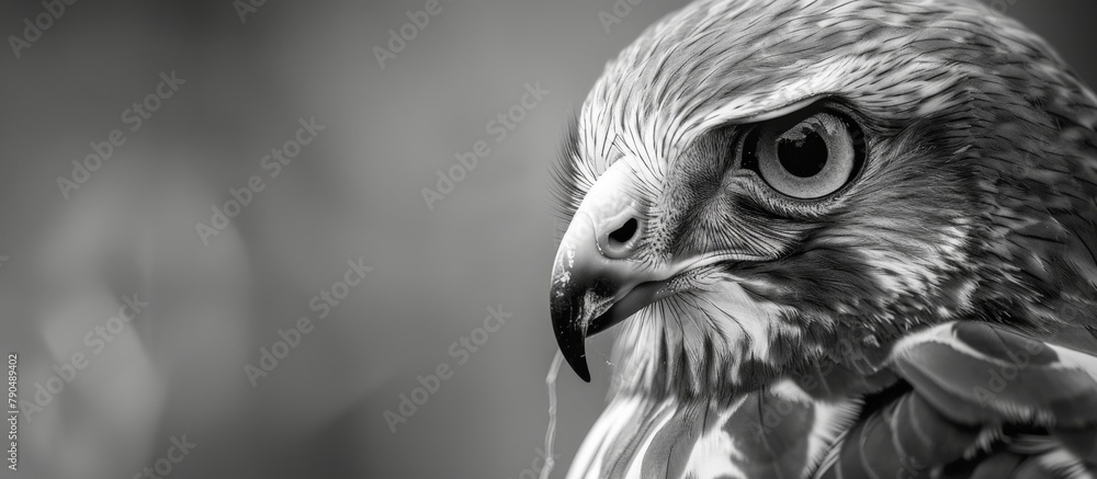 Poster a close up view of a magnificent hawk with remarkable focus, showcasing its exceptionally large and 