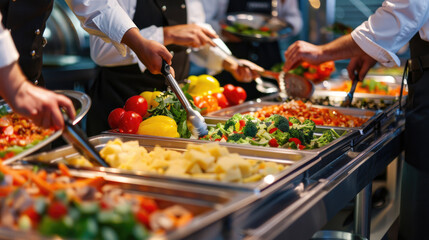 Obraz premium Indoor Catering Buffet, Colorful Spread of Meat, Fruits, and Vegetables