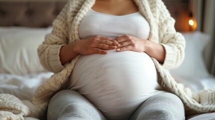 Pregnant woman sitting and touching belly