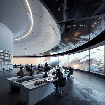 Mission control office for interstellar travel, busy, wide view, artificial light
