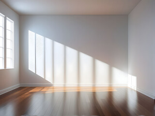 Fototapeta premium A serene chamber filled with gentle light, casting ethereal shadows on its wooden floor and wall.