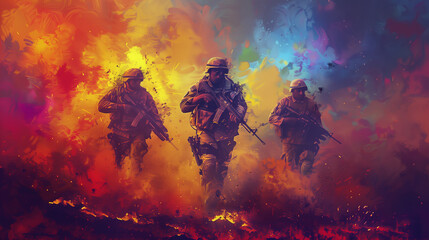 Abstract Artistic Interpretation of Soldiers in Combat with Explosive Colors - obrazy, fototapety, plakaty