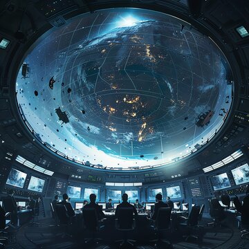 Office meeting aboard intergalactic station, panoramic cosmic view, bird's-eye angle