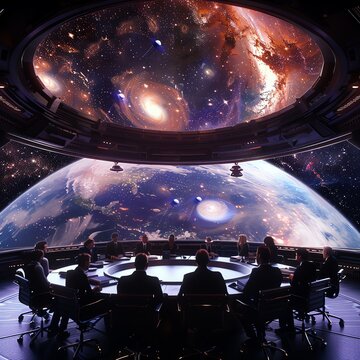 Office meeting aboard intergalactic station, panoramic cosmic view, bird's-eye angle