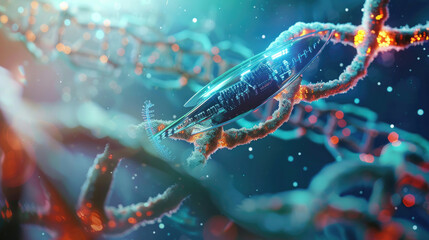 Obraz na płótnie Canvas Nanotechnology Ship Sailing Along DNA