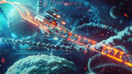 Nanotechnology Ship Sailing Along DNA - obrazy, fototapety, plakaty