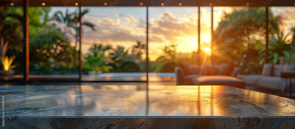 Aufkleber table captured up close with a couch visible in the background