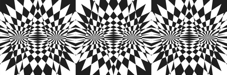 Checkered pattern: lines radiating from the center. Monochrome Optical Illusion. Vector illustration. 