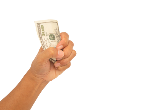Hand holding a dollar bills against a transparent background with copy space.
