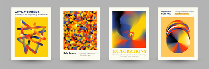 Set of posters illustrating Big Data, Data analytics, visualization, data collection and persistence. AI learning. Scientific and Tech concept. Vector illustration.