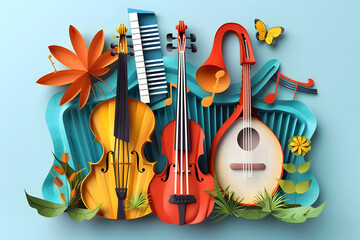 Musical Instruments Abstract Illustration. International Jazz Day. Paper cut art style.