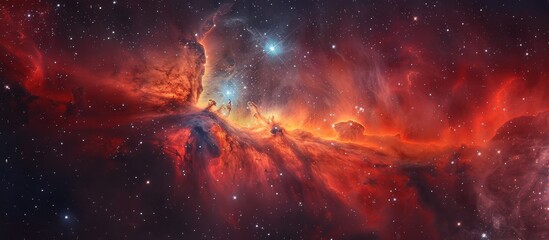 Vibrant cosmic nebula featuring a variety of colors, filled with stars and accentuated by a striking bright red nebula