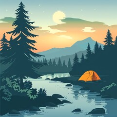 Vector camping scene by river, summer dusk, tranquil, from a distance